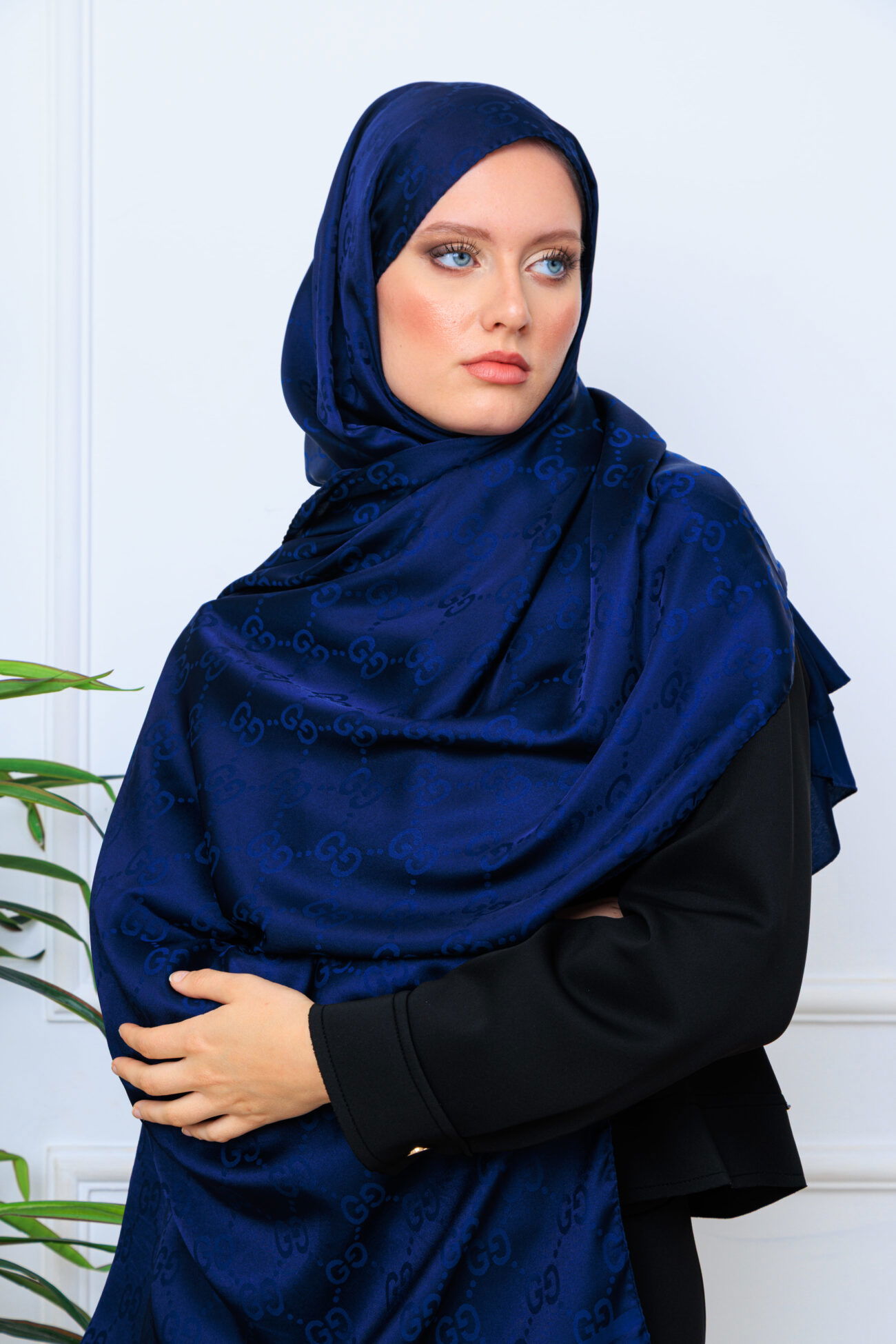 G Desen Pamuk İpeksi Jakar Şal - Lacivert - Görsel 3