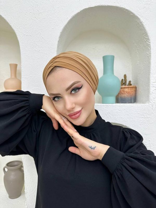 Çapraz Üç Bantlı Dış Bone Hazır Türban – Camel