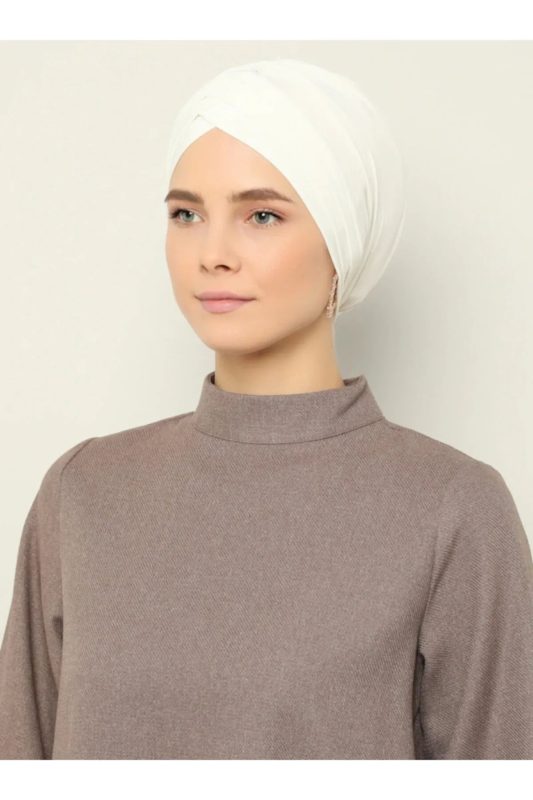 Çapraz Üç Bantlı Dış Bone Hazır Türban – Ekru