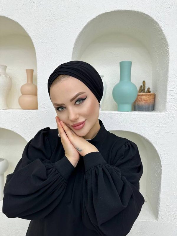 Çapraz Üç Bantlı Dış Bone Hazır Türban – Siyah