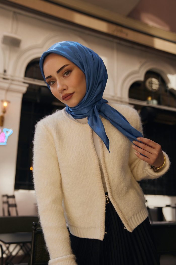 Dama Desen Jakar Eşarp - Saks - Organic ScarfsOrganic Scarfs