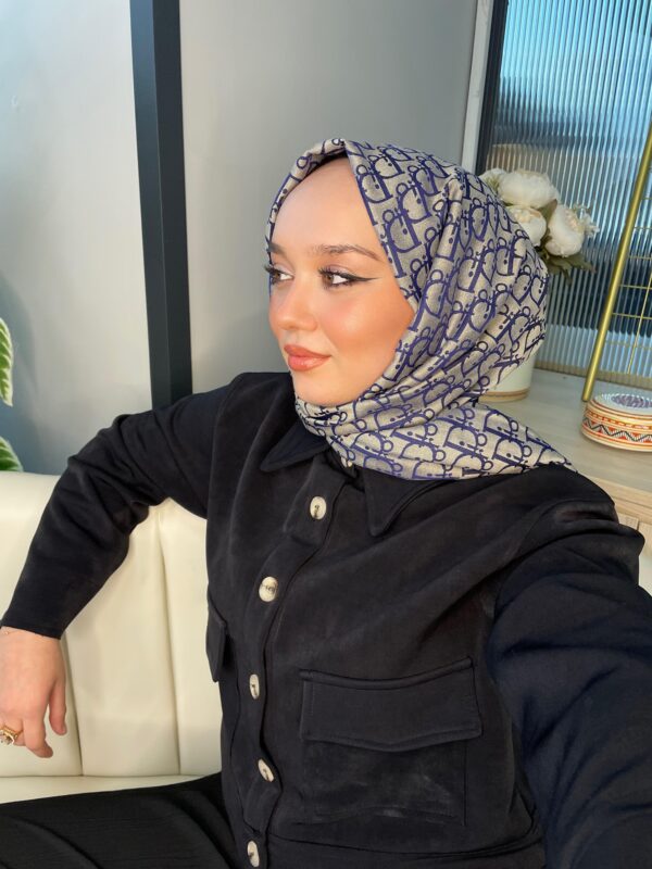 Dior Desenli İpek Kaşmir Çift Taraflı Şal 78002 – Vizon/ Lacivert