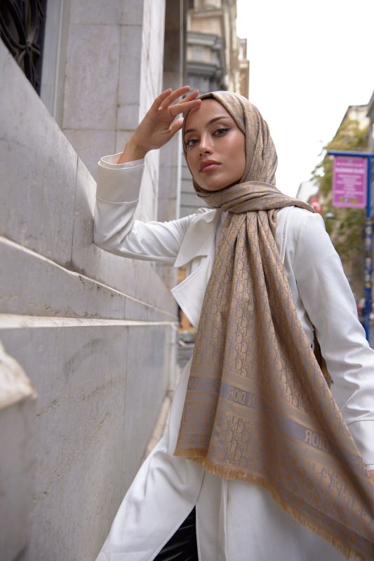 Dior Desenli İpek Kaşmir Çift Taraflı Şal 78002 – Bej Mavi