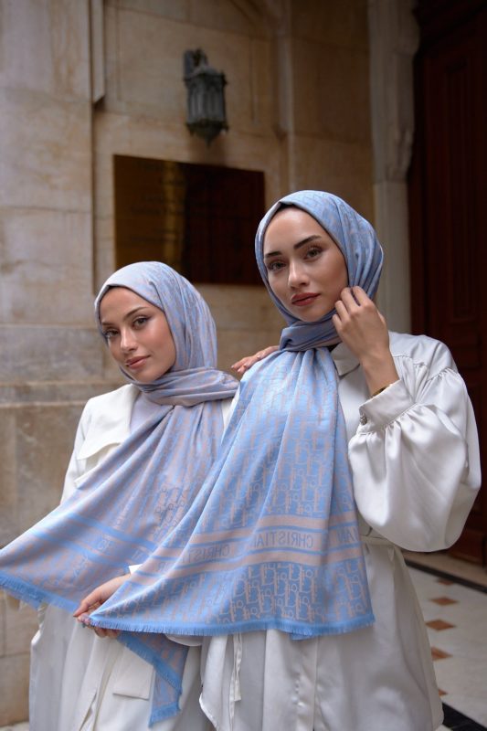Dior Desenli İpek Kaşmir Çift Taraflı Şal 78002 – Mavi