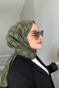 G Desenli İpek Kaşmir Çift Taraflı Şal 440344 - Haki