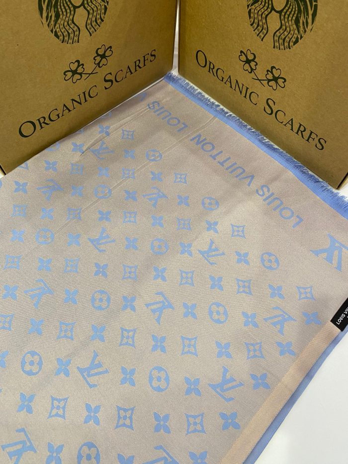 Lv Desenli İthal Pamuk Jakar Eşarp - Gri- Mavi - Organic ScarfsOrganic Scarfs
