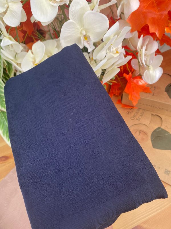 Monogram Desen Pamuk İpek Jakar Şal – Gece Mavisi
