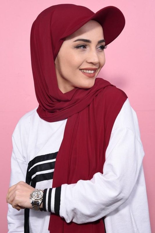 Organic Scarfs Kadın Tesettür Şapkalı Pratik Şal Hijap Bone Model Eşarp Şal – Bordo