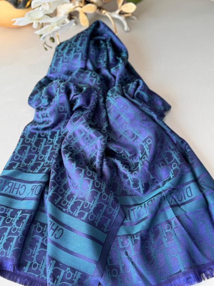 Dior DESEN Çift taraflı İpeksi Jakar Şal - Lacivert