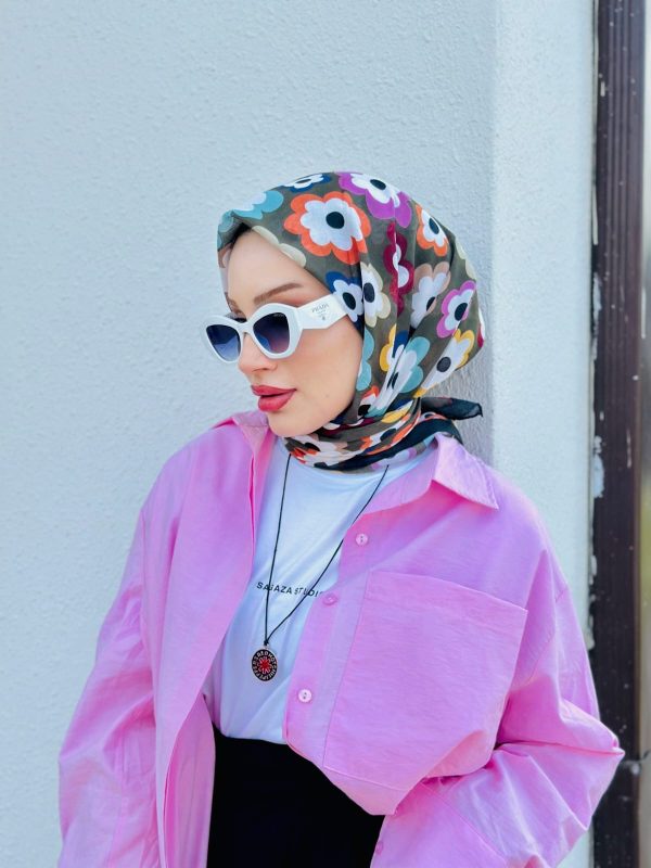 Çiçek Desen Pamuk Soft Eşarp – Haki