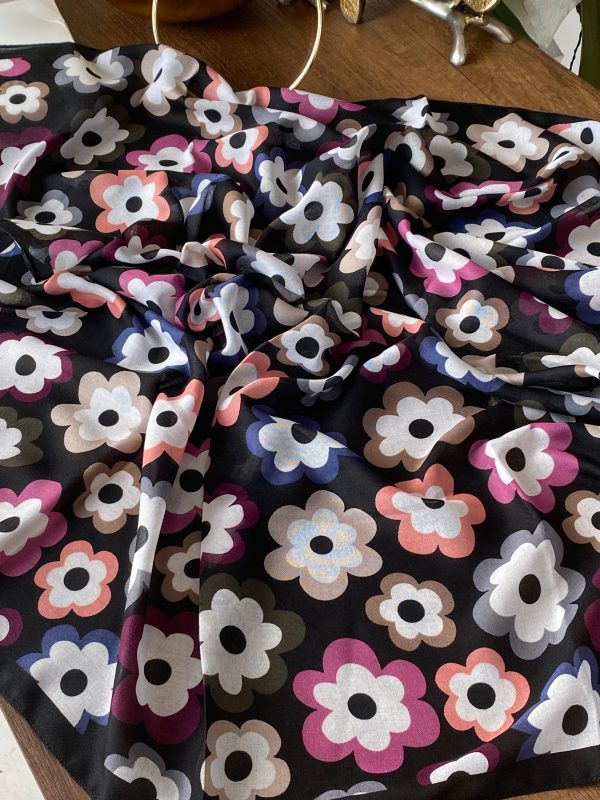 Çiçek Desen Pamuk Soft Eşarp – Siyah – Vizon