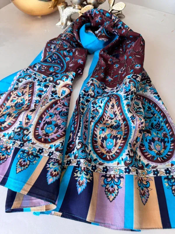 Etro Otantik Desen Pamuk Şal 44136 – Mavi/Bordo