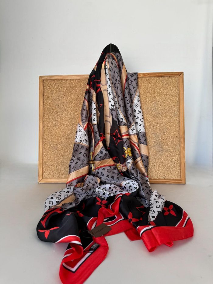 Louis Vuitton Kemer Desen İthal Vual İpek Şal 014461 - Siyah/Kırmızı