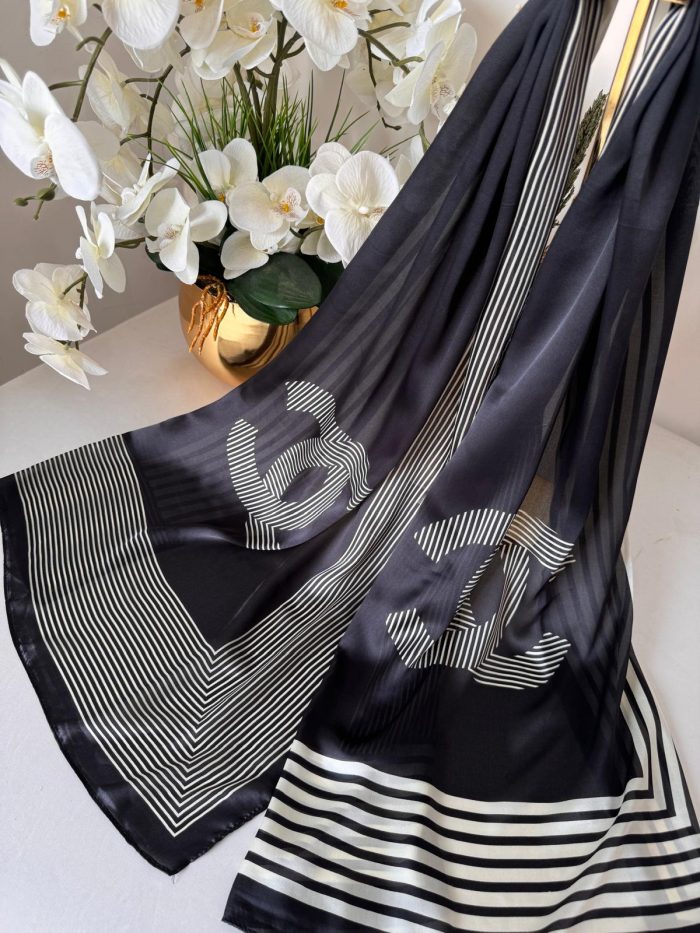 Chanel Çizgili İthal Vual İpek Şal 014461 - Siyah - Görsel 2