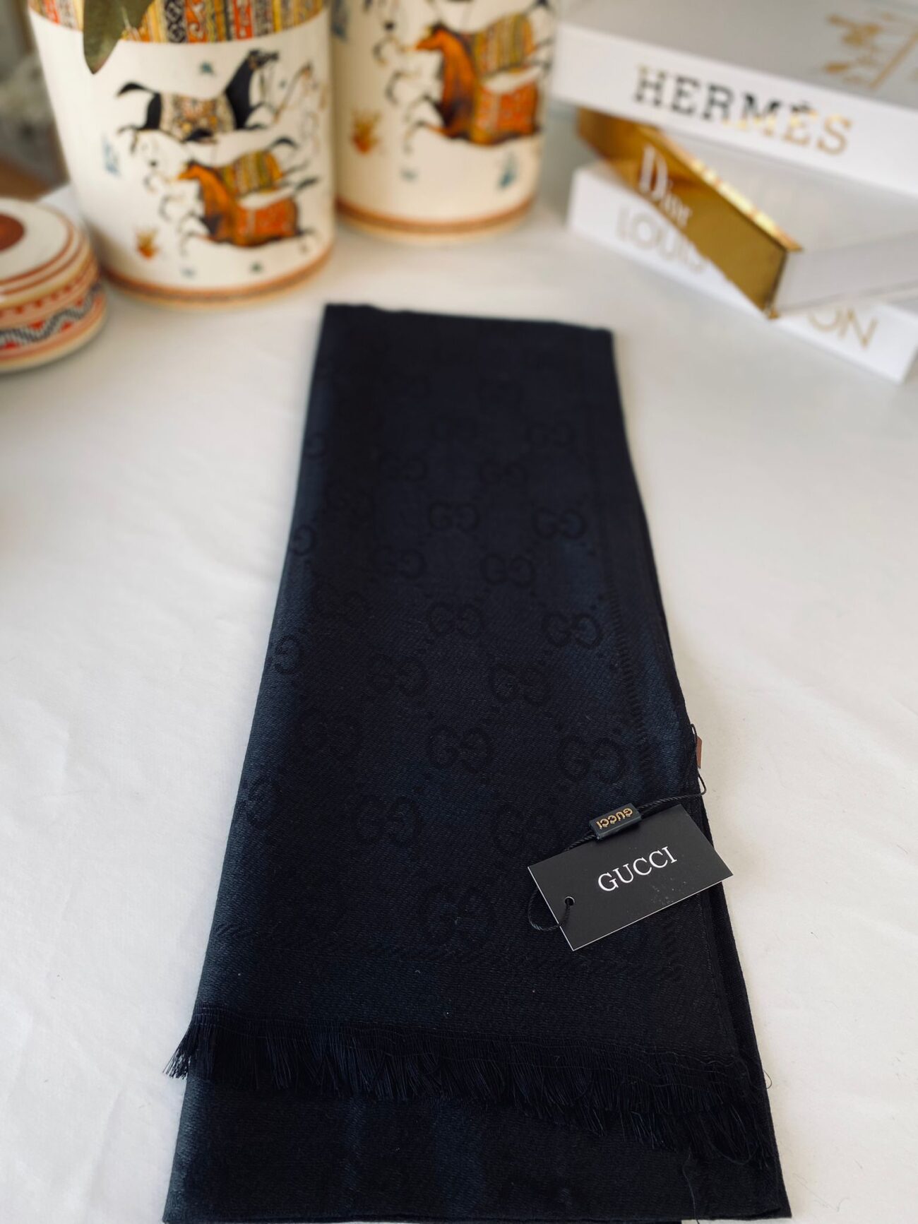 İthal Gucci Çift Taraflı Pamuk Yün İpek Şal 544330 - Siyah - Görsel 2