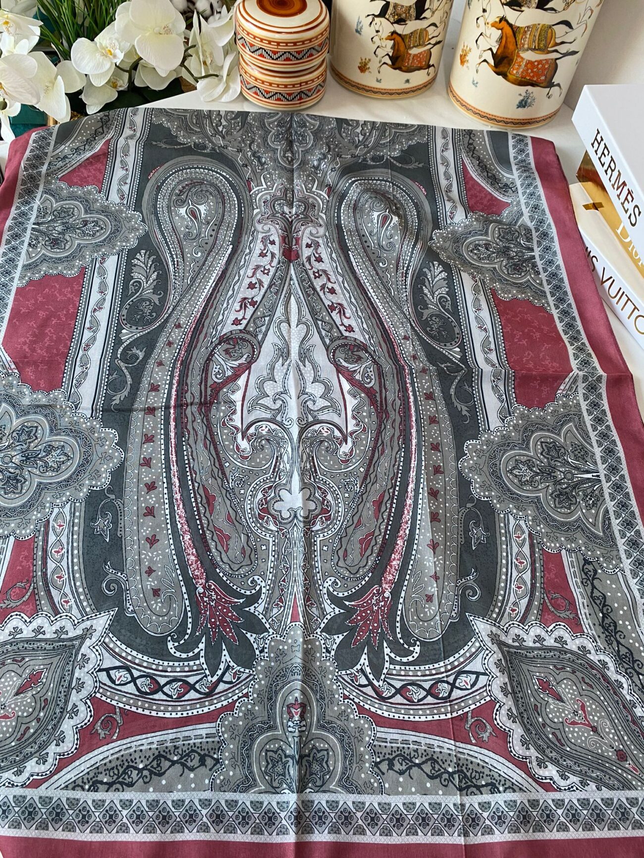 Etnik desen pamuk soft şal-321654 VİŞNE/GRİ