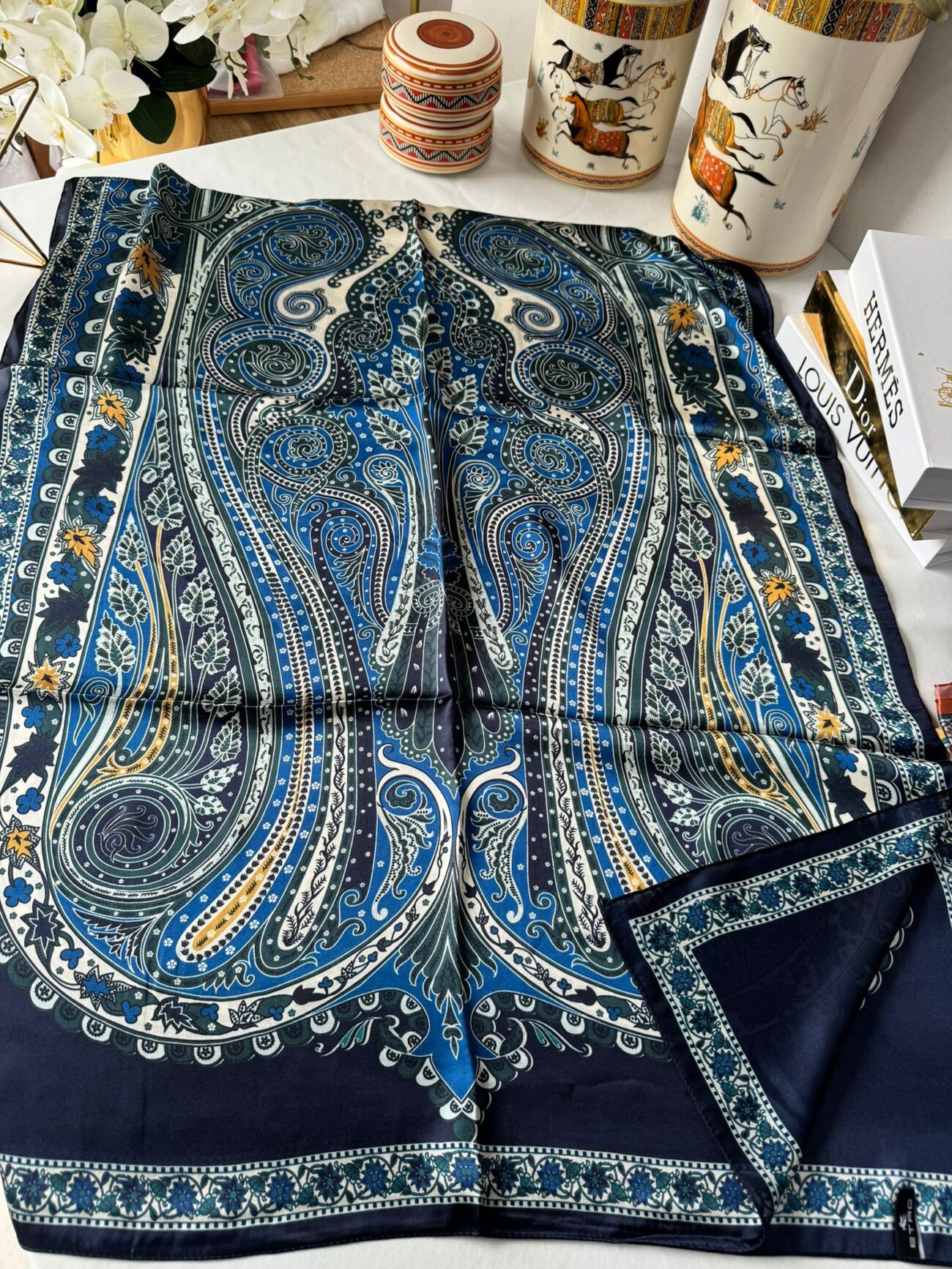İthal Etro Yeni Sezon İthal Etnik Desen Vual İpek Şal 10041 - Lacivert - Görsel 2