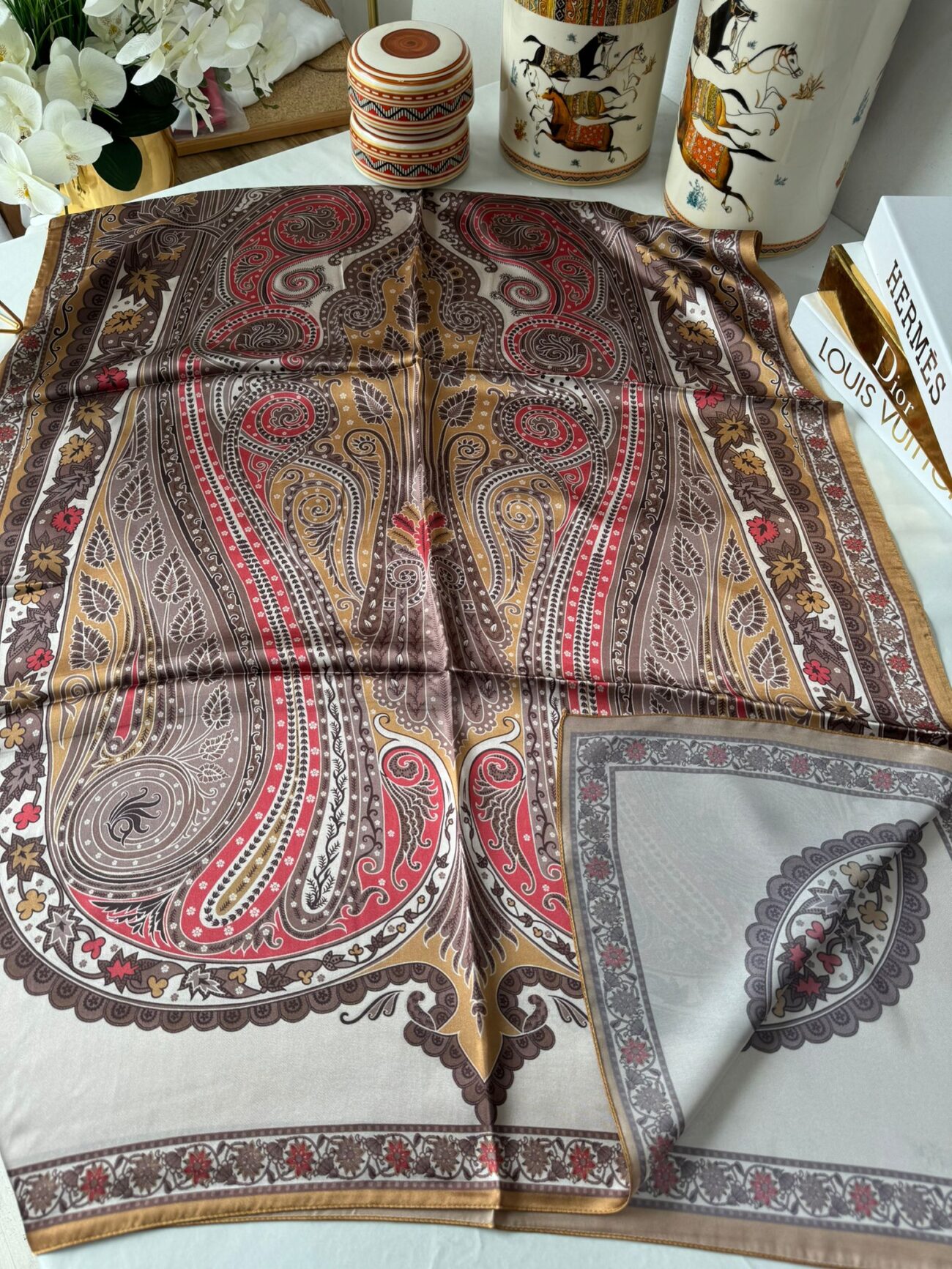 İthal Etro Yeni Sezon İthal Etnik Desen Vual İpek Şal 10041 - Karamel - Görsel 2