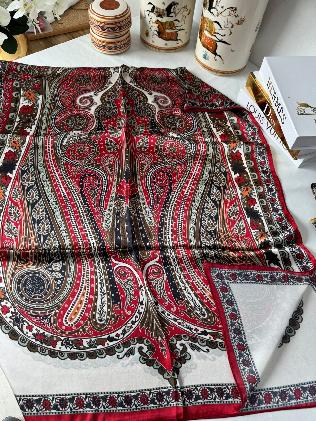 İthal Etro Yeni Sezon İthal Etnik Desen Vual İpek Şal 10041 - Bordo - Görsel 2