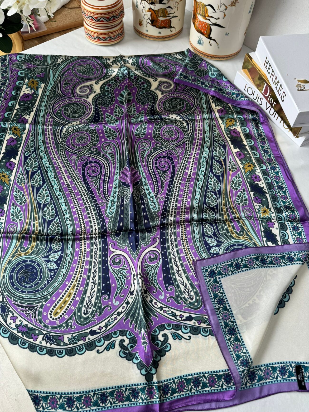 İthal Etro Yeni Sezon İthal Etnik Desen Vual İpek Şal 10041 - Mürdüm - Görsel 2