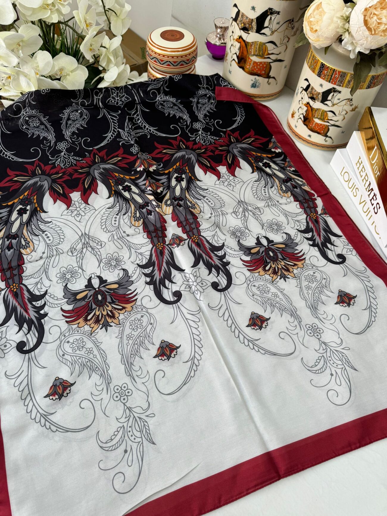 Etnik Desen Pamuk İpek Şal - Bordo