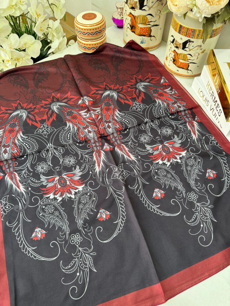 Etnik Desen Pamuk İpek Şal - Bordo-siyah