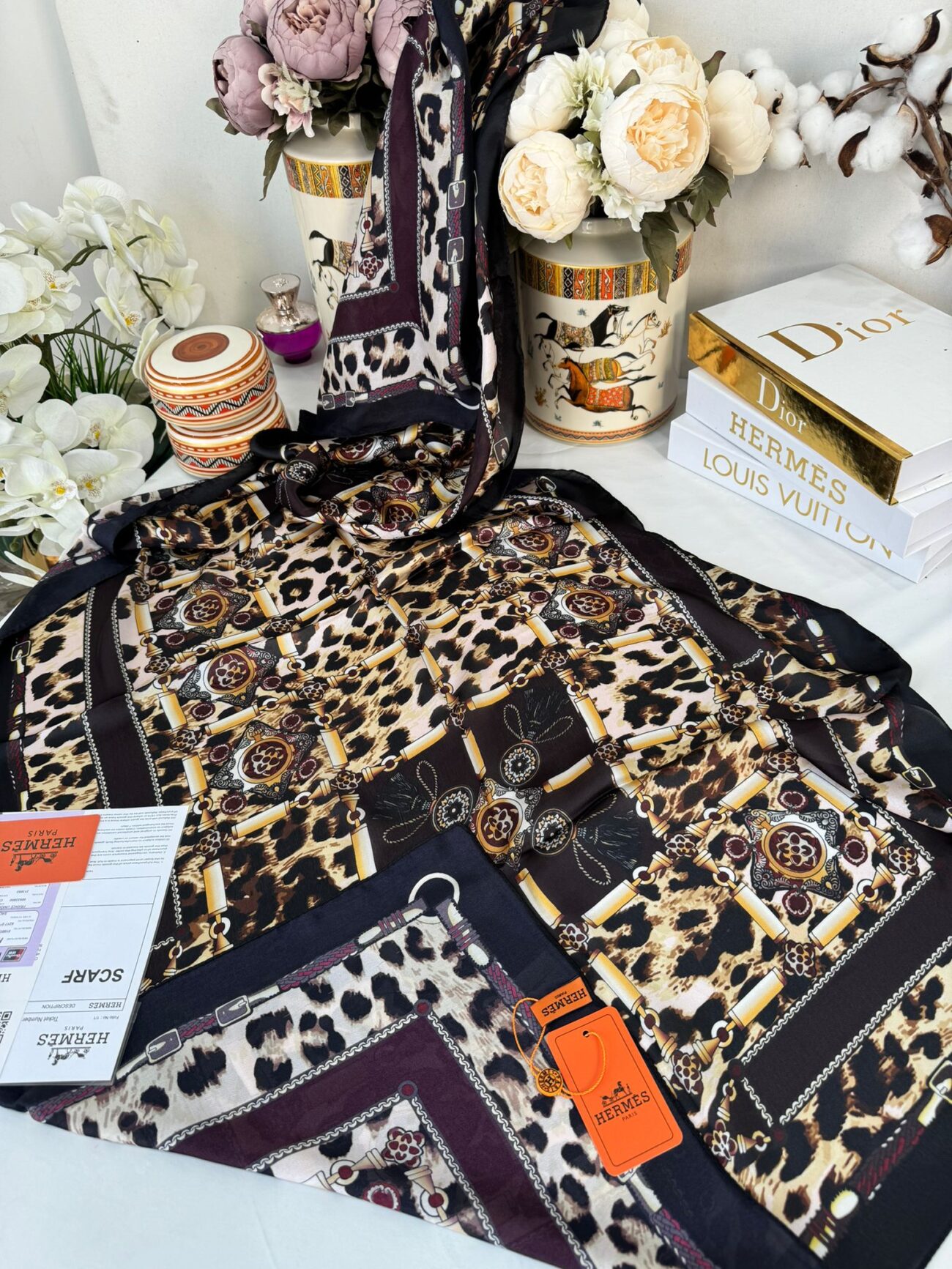 Hermes Leopar Çift Taradlı Vual İpek Şal 11143 - bordo - Görsel 3
