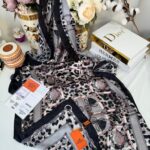 Hermes Leopar Çift Taradlı Vual İpek Şal 11143 - gri