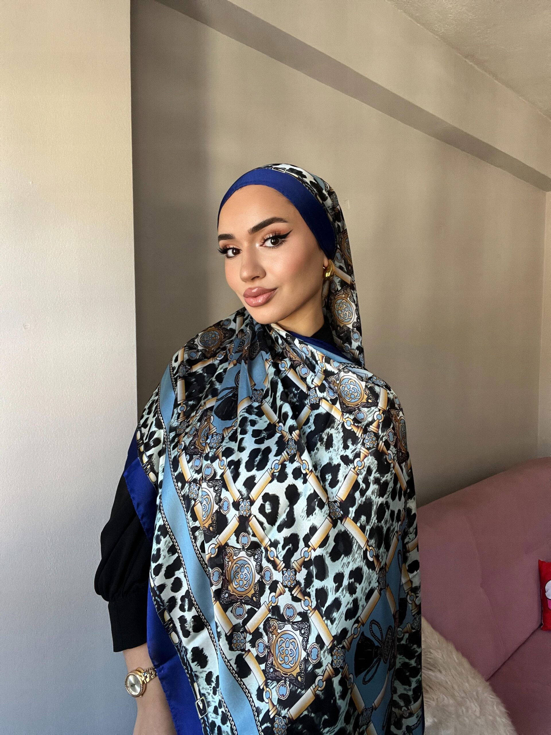 Hermes Leopar Çift Taradlı Vual İpek Şal 11143 – saks