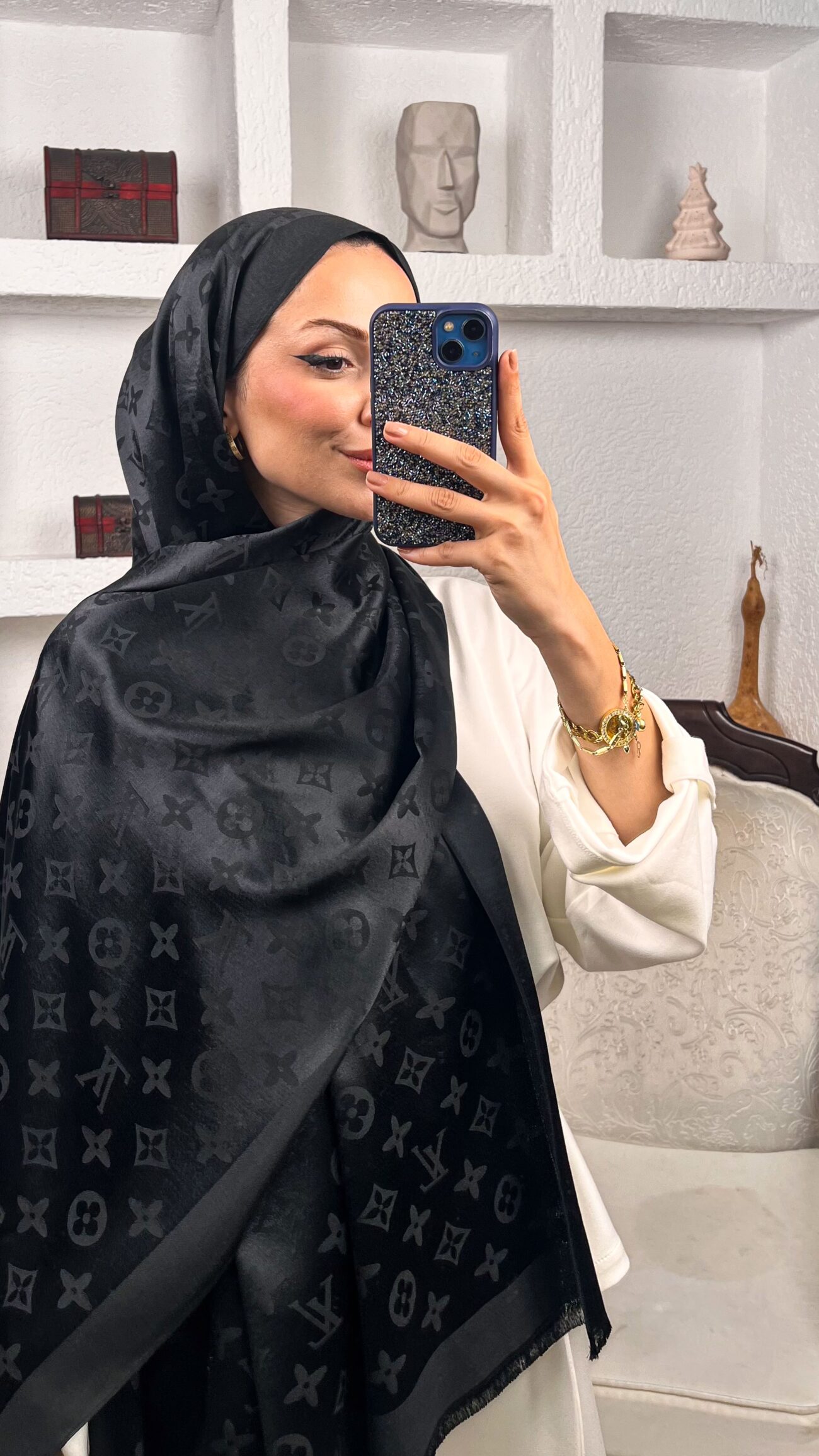 İthal Lv Pamuk Yün İpek Şal 49104 - Siyah