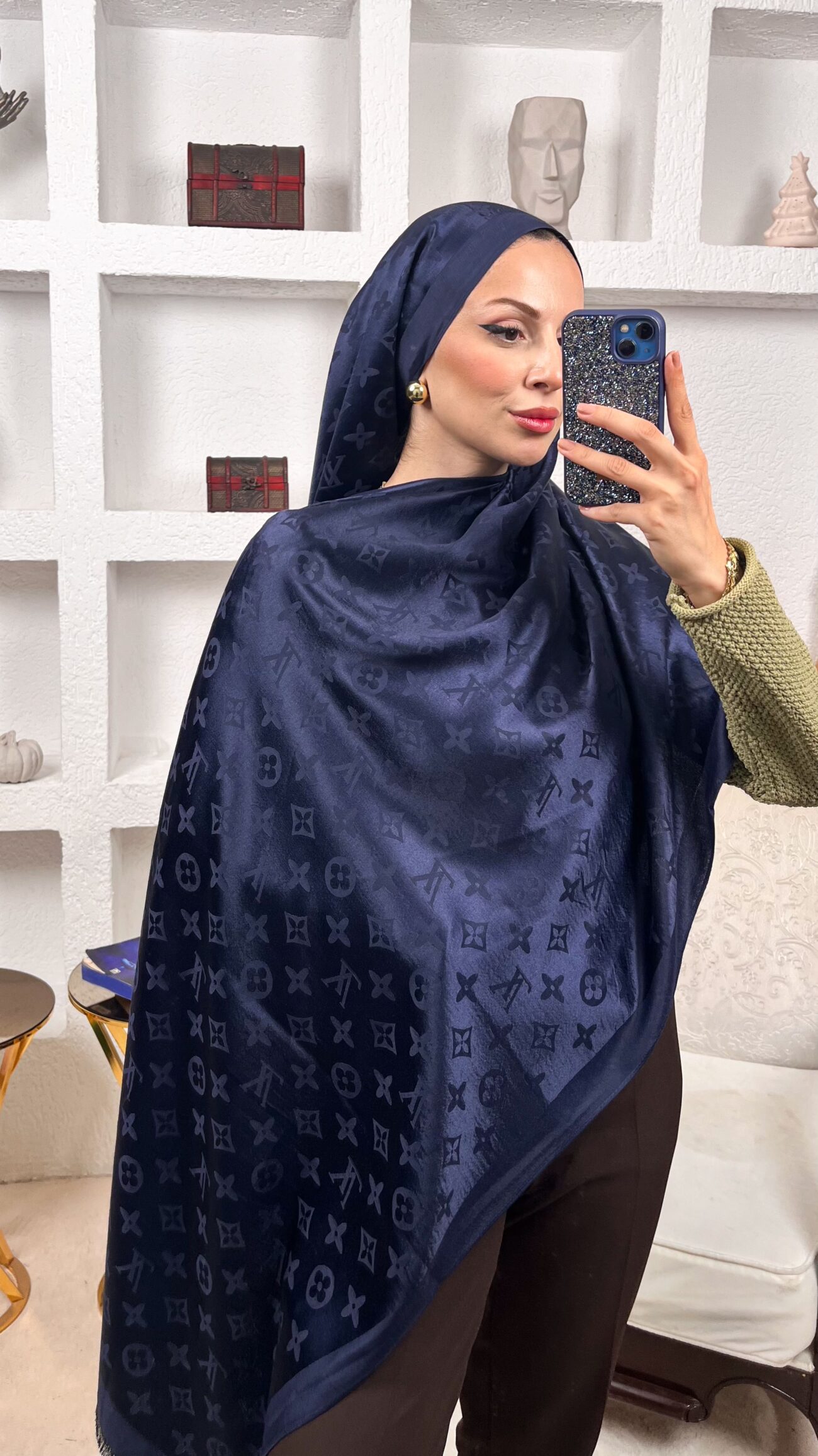 İthal Lv Pamuk Yün İpek Şal 49104 - Lacivert