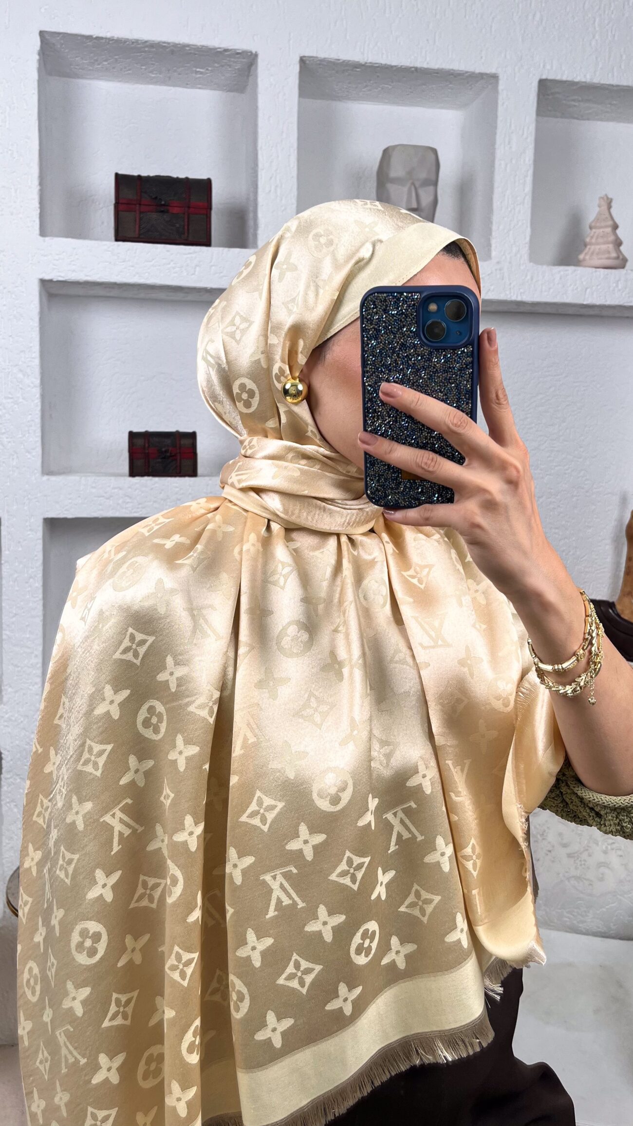 İthal Lv Pamuk Yün İpek Şal 49104 - Bej - Görsel 2