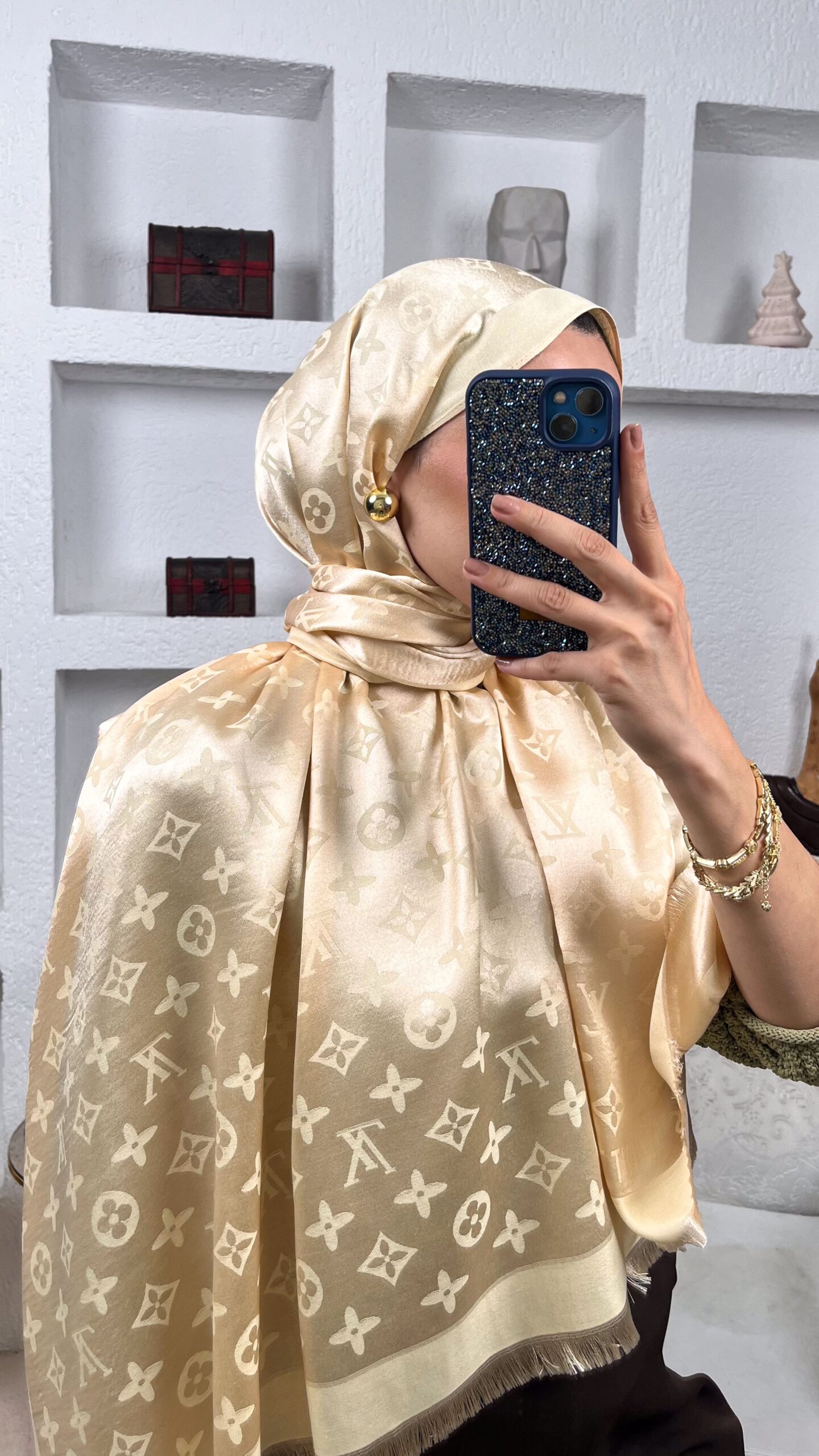 İthal Lv Pamuk Yün İpek Şal 49104 - Bej - Görsel 2