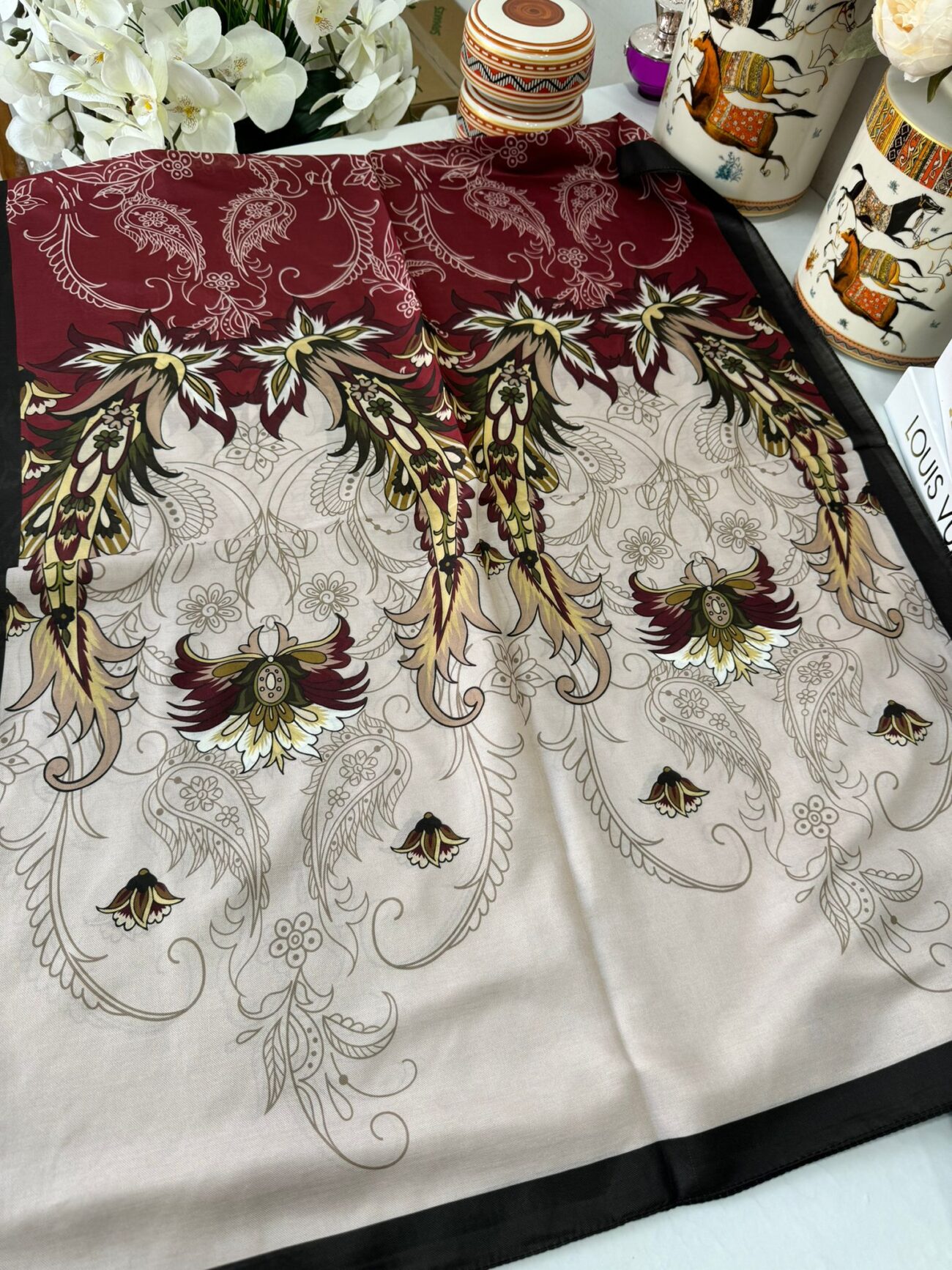 Etnik Desen Pamuk İpek Şal - sıyah ekru