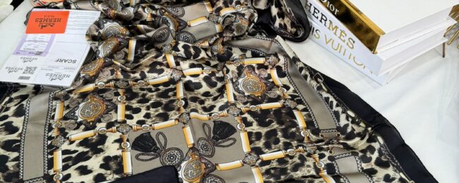 Hermes Leopar Çift Taradlı Vual İpek Şal 11143 - haki