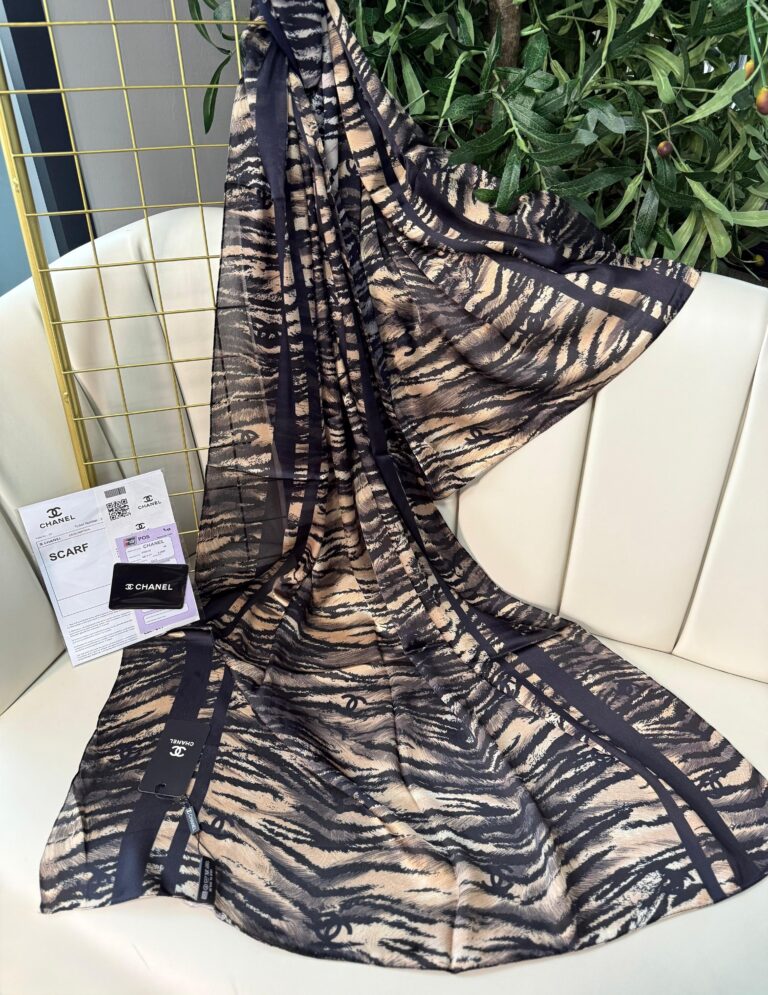 Channel Çizgili leopar çifttaraflı vual ipek şal-43080 Lacivert