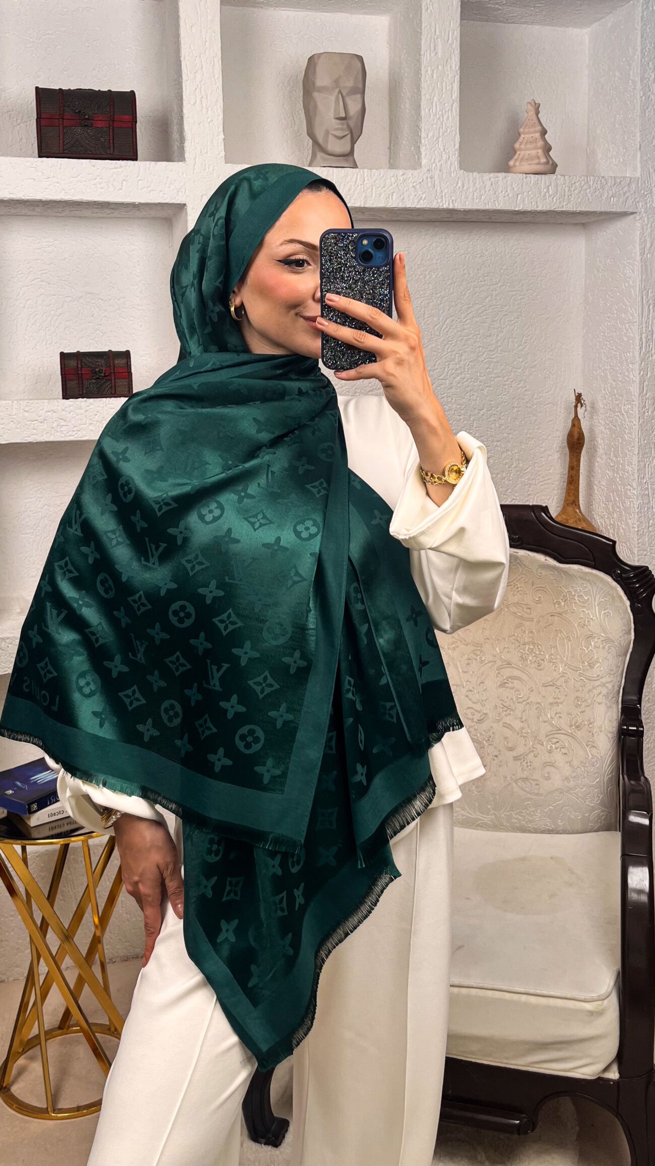 İthal Lv Pamuk Yün İpek Şal 49104 - Zümrüt