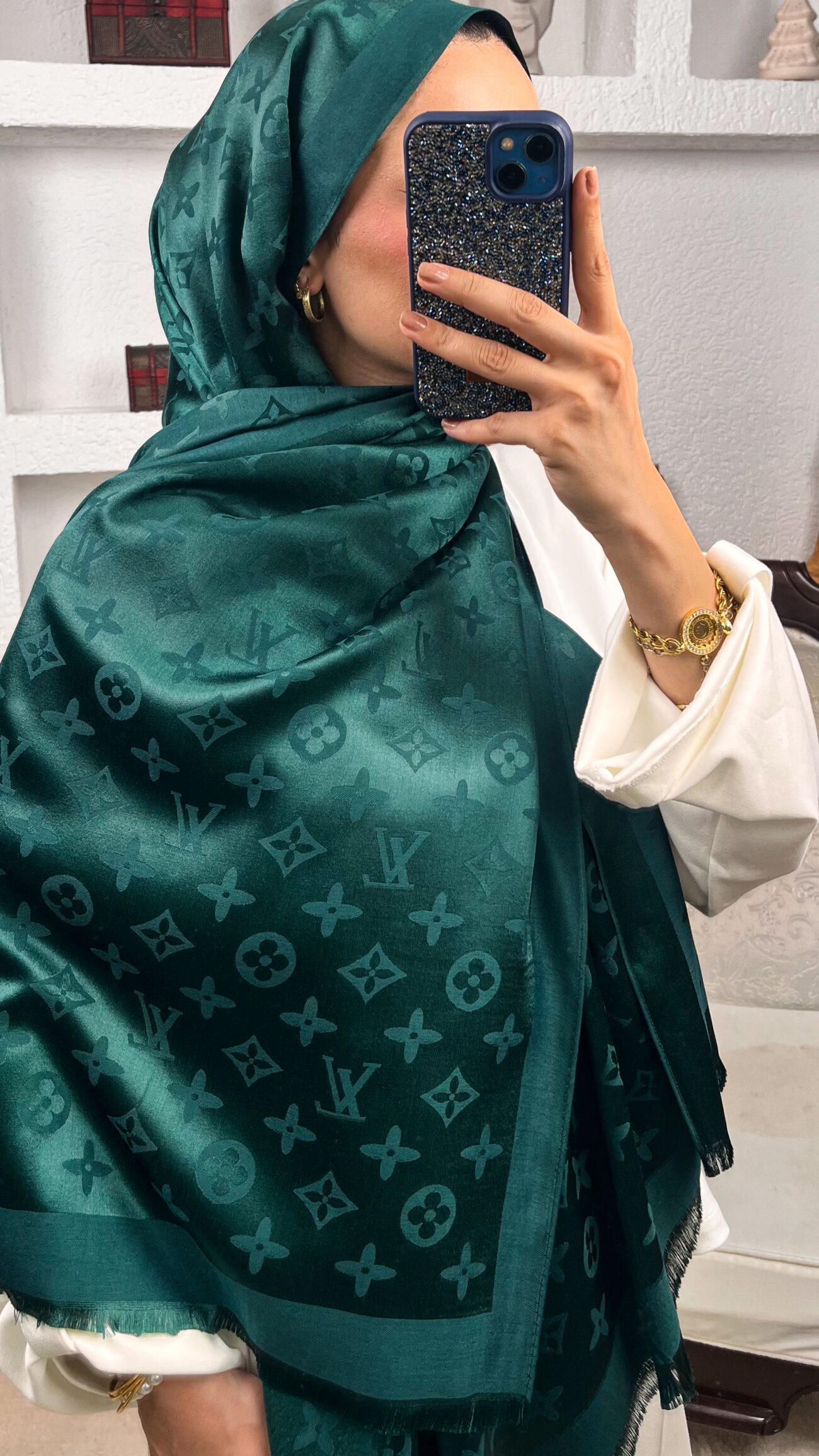 İthal Lv Pamuk Yün İpek Şal 49104 - Zümrüt - Görsel 2