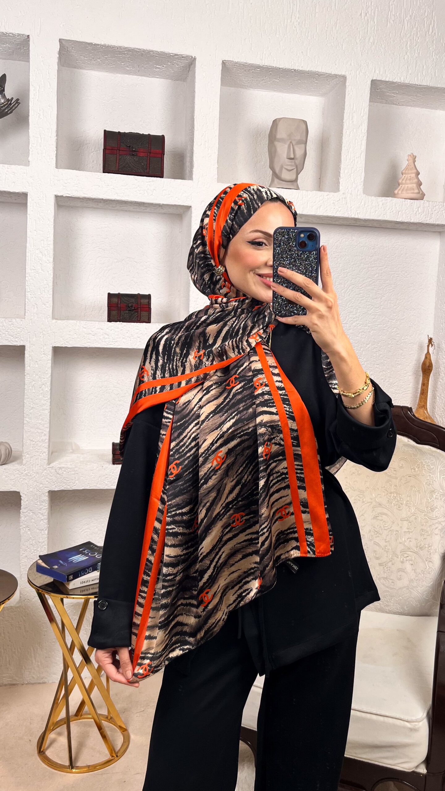 Channel Çizgili leopar çifttaraflı vual ipek şal-43080 Turuncu - Görsel 2