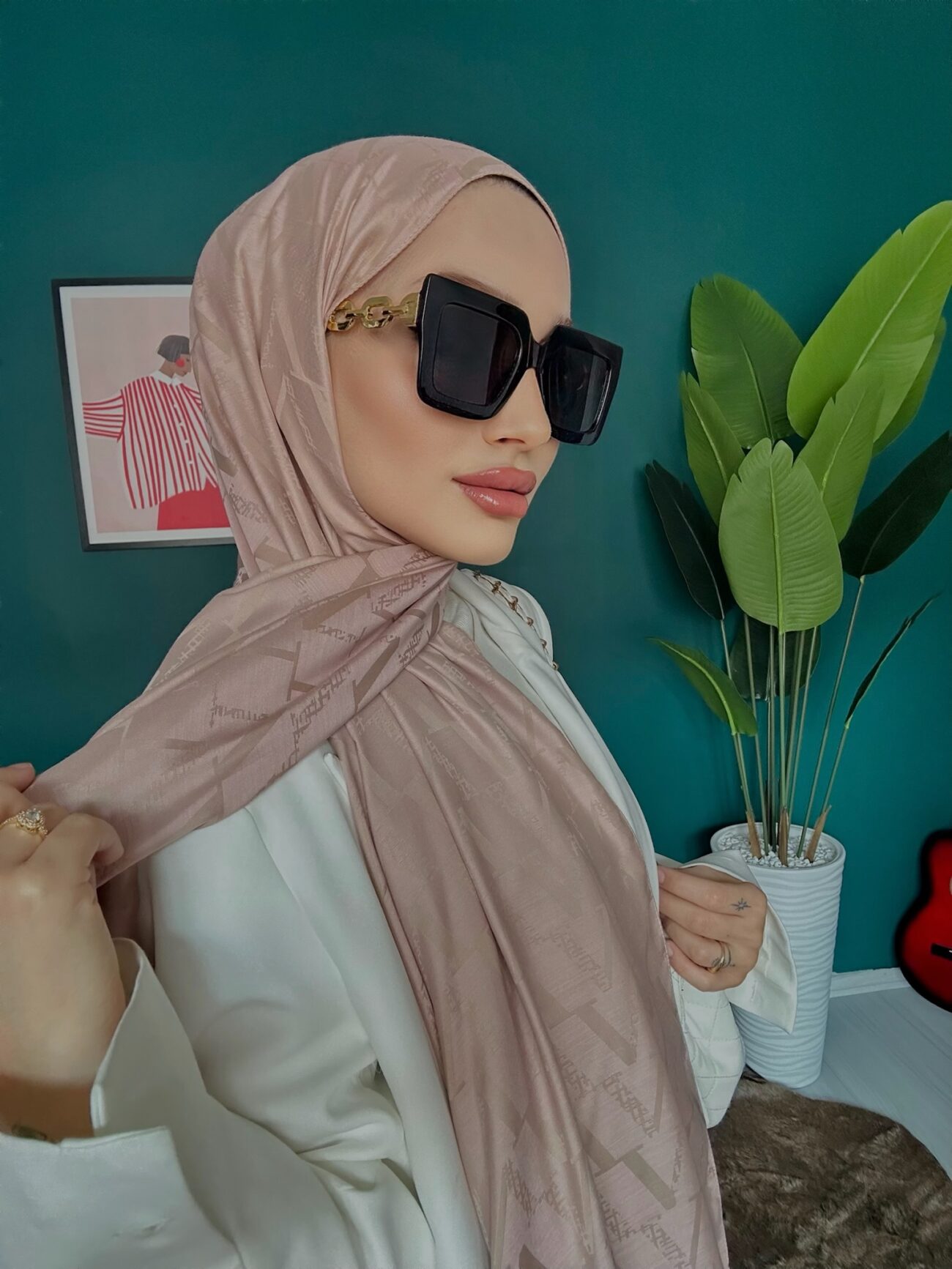 Valentino Çift Taraflı İtalyan Jakar İpek Şal 44117 - Pudra