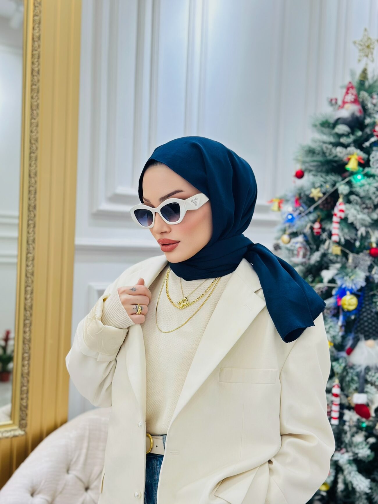 Ysl Vegan Pamuk Şal-Lacivert - Görsel 3