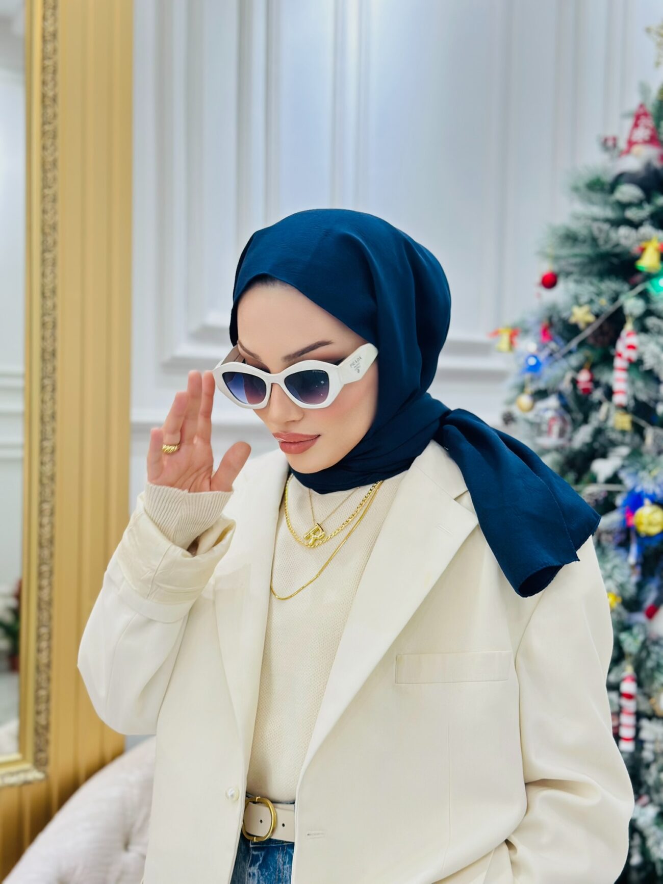 Ysl Vegan Pamuk Şal-Lacivert - Görsel 2