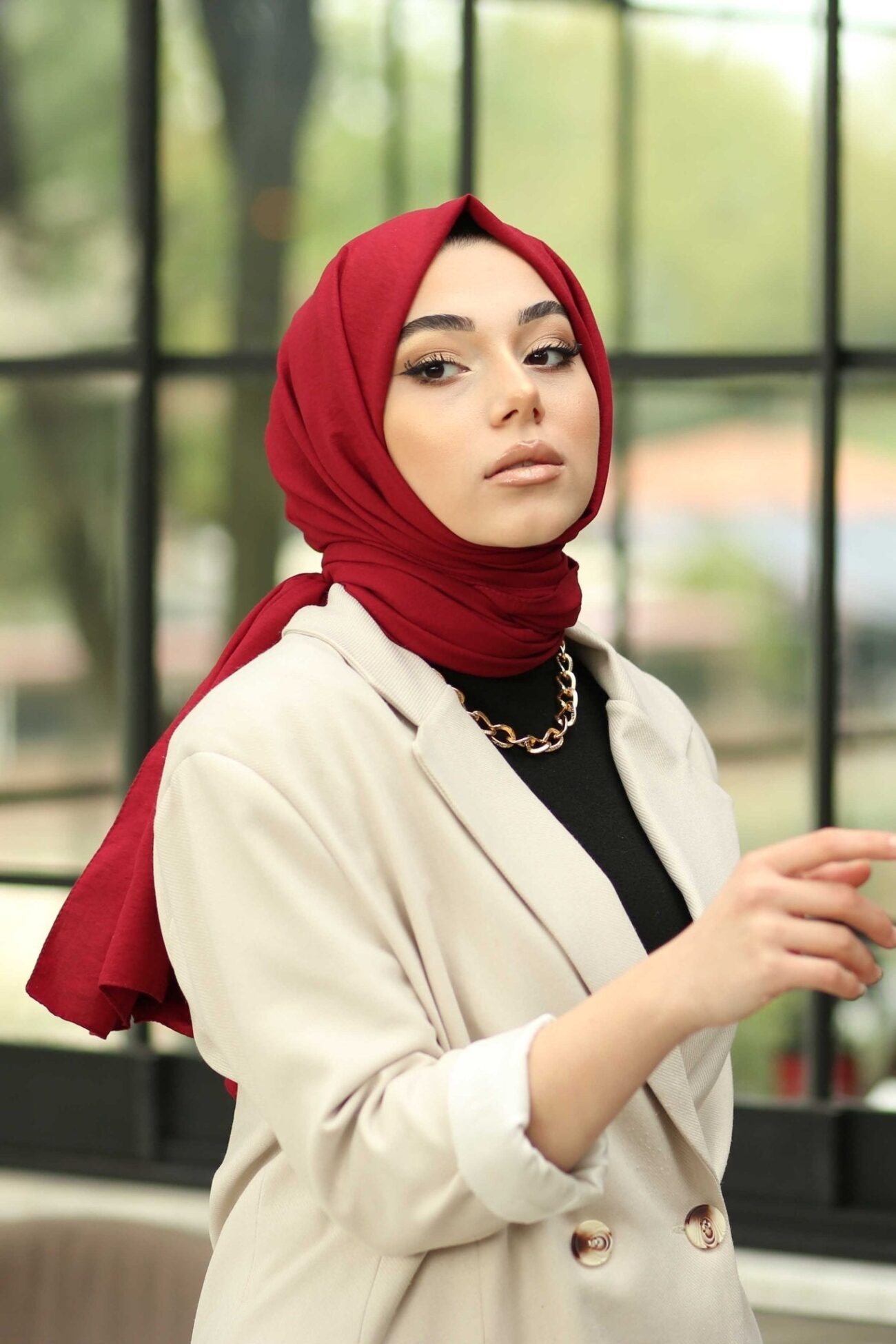 Organic Scarfs Pamuk Kraş Cazz Şal Modeli - Kırmızı - Görsel 2