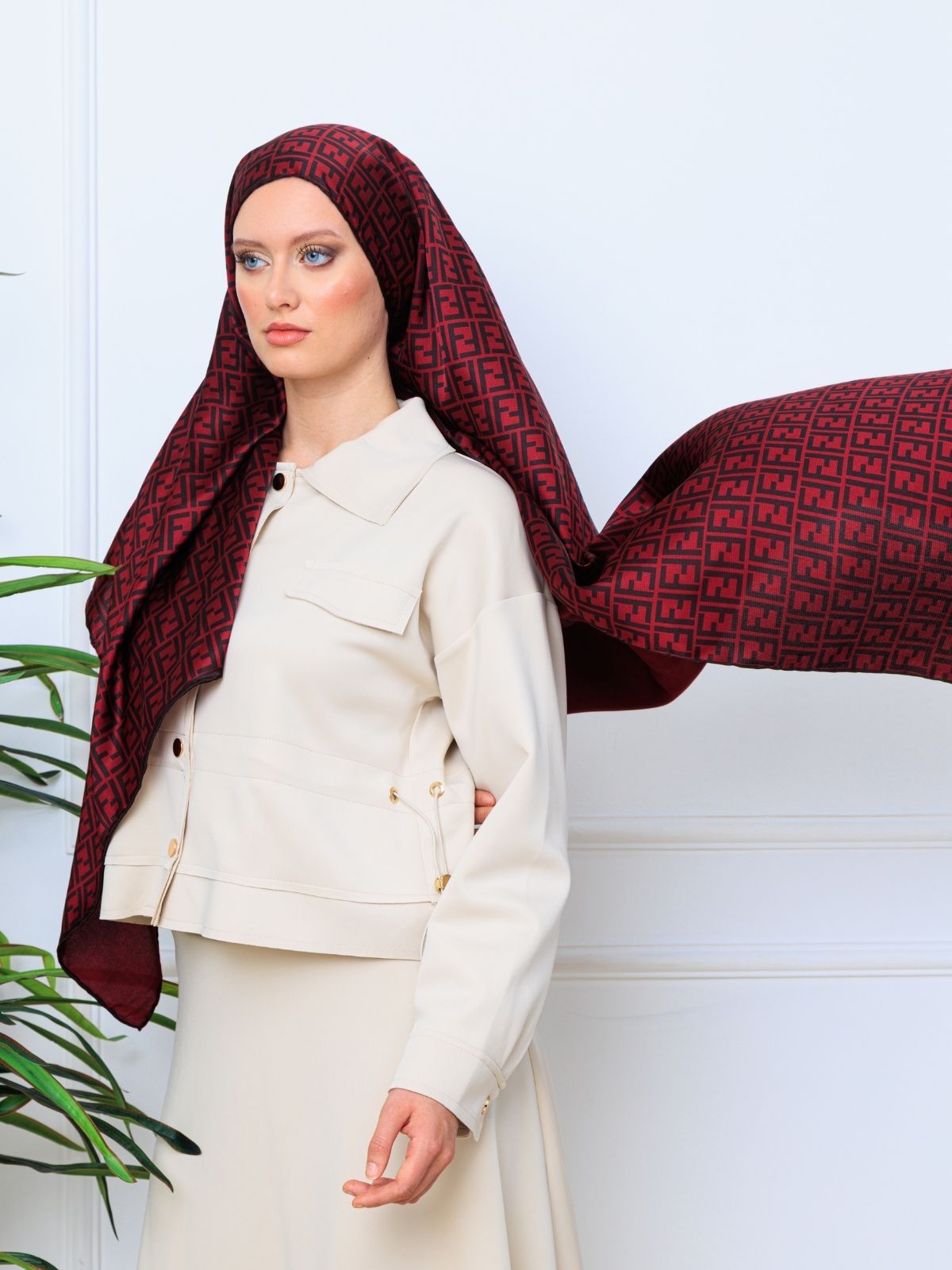 İthal Çifttaraflı Fendi İnci Vual İpek Şal-14500 -Bordo - Görsel 5