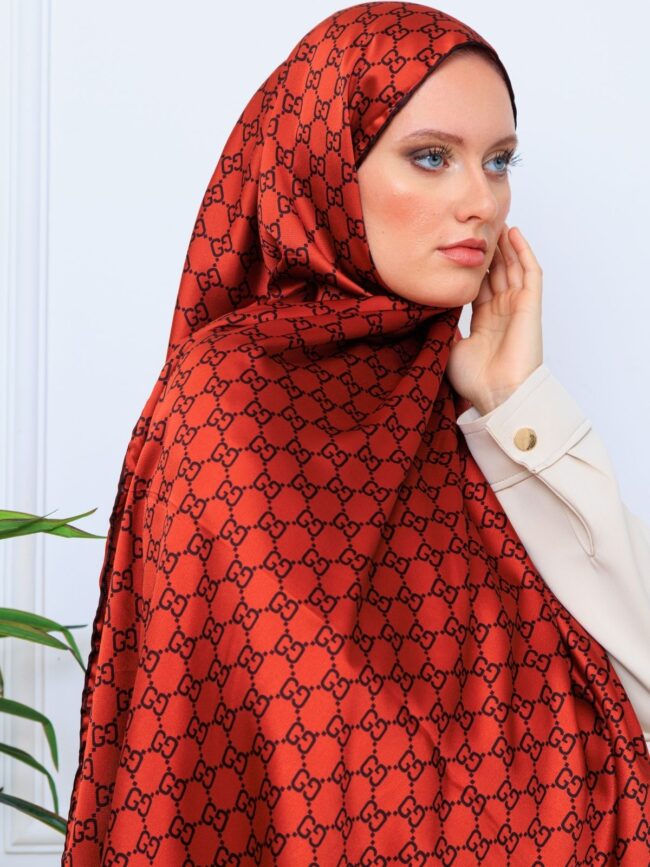 İthal Çifttaraflı Gucci İnci Vual İpek Şal-50140 - Kiremit