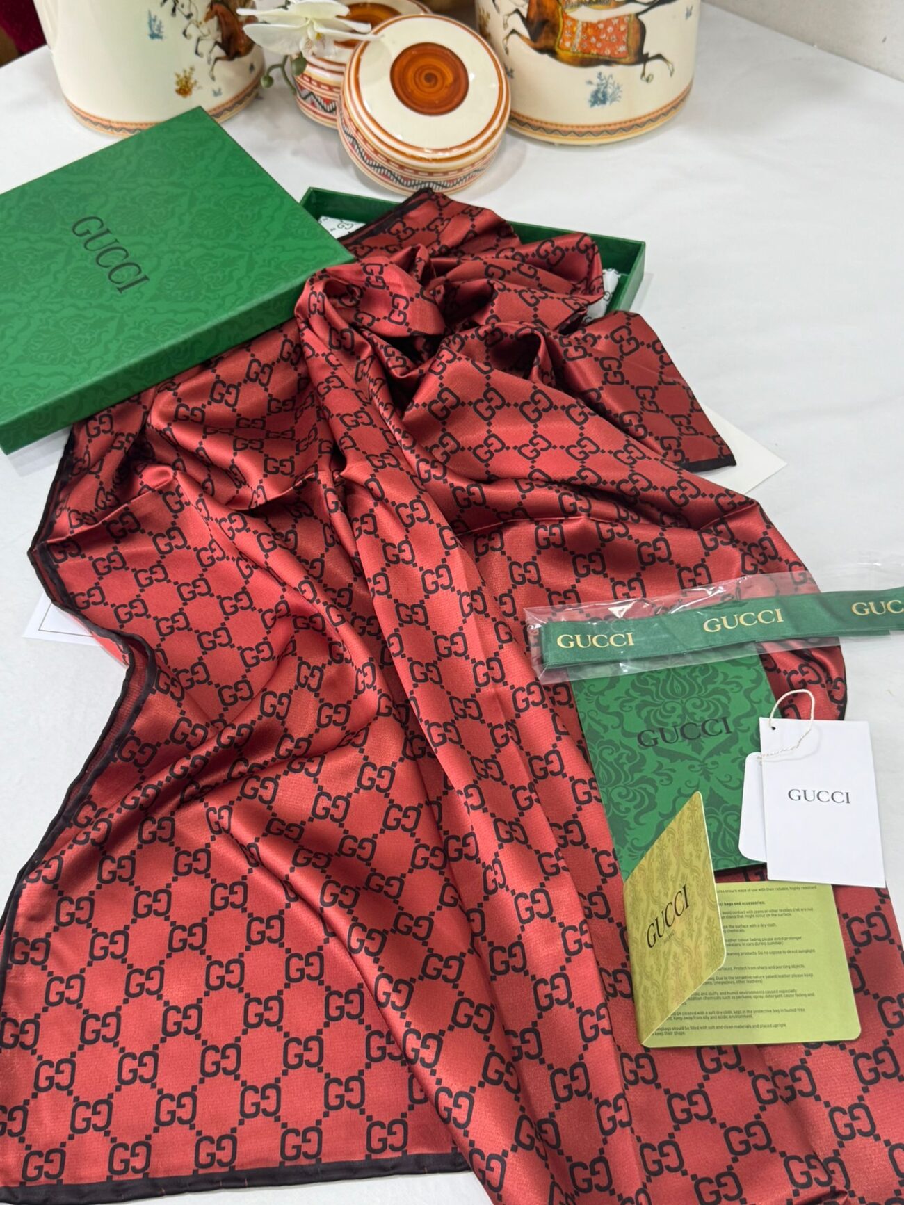İthal Çifttaraflı Gucci İnci Vual İpek Şal-50140 - Kiremit - Görsel 4