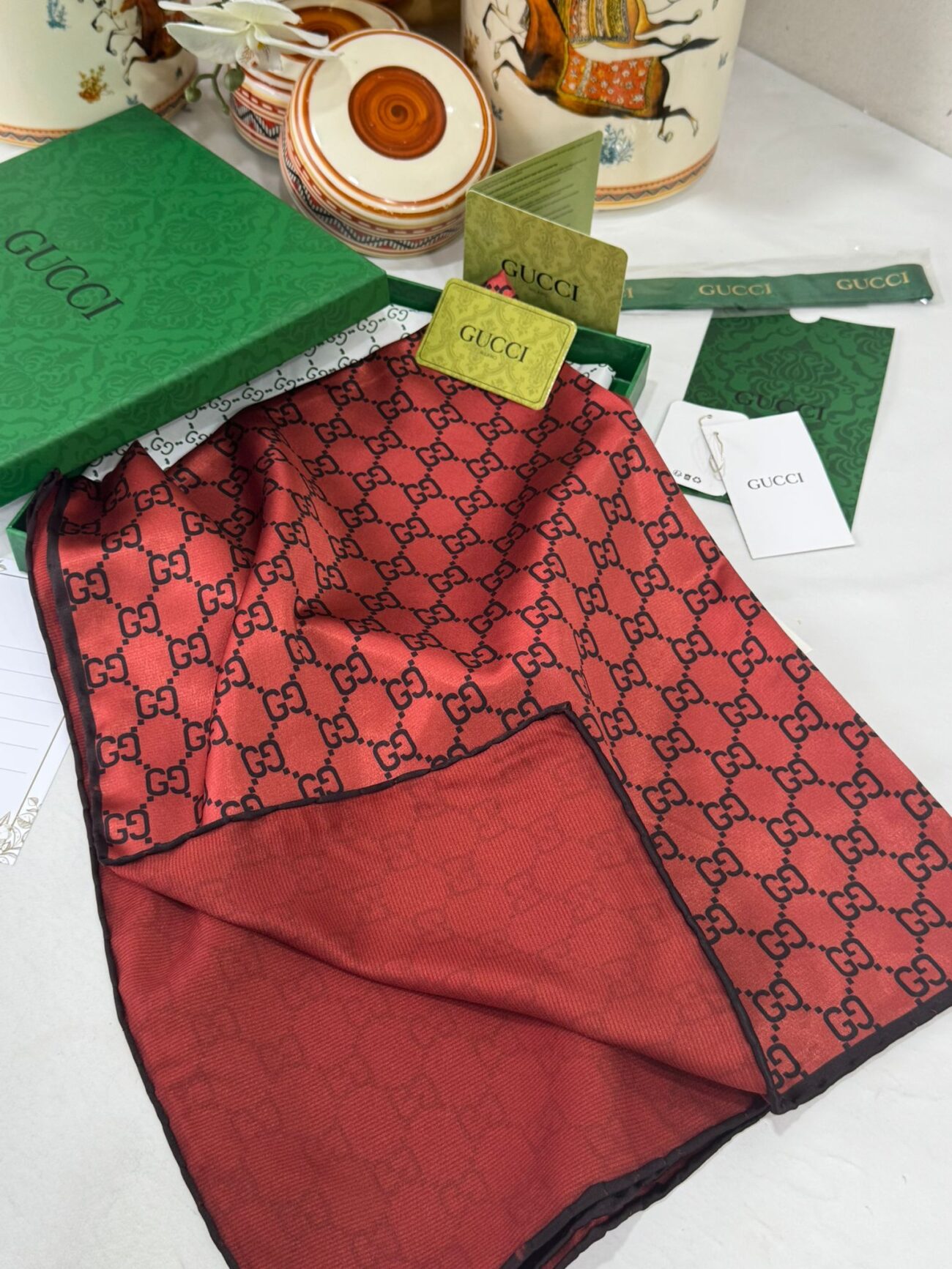 İthal Çifttaraflı Gucci İnci Vual İpek Şal-50140 - Kiremit - Görsel 3