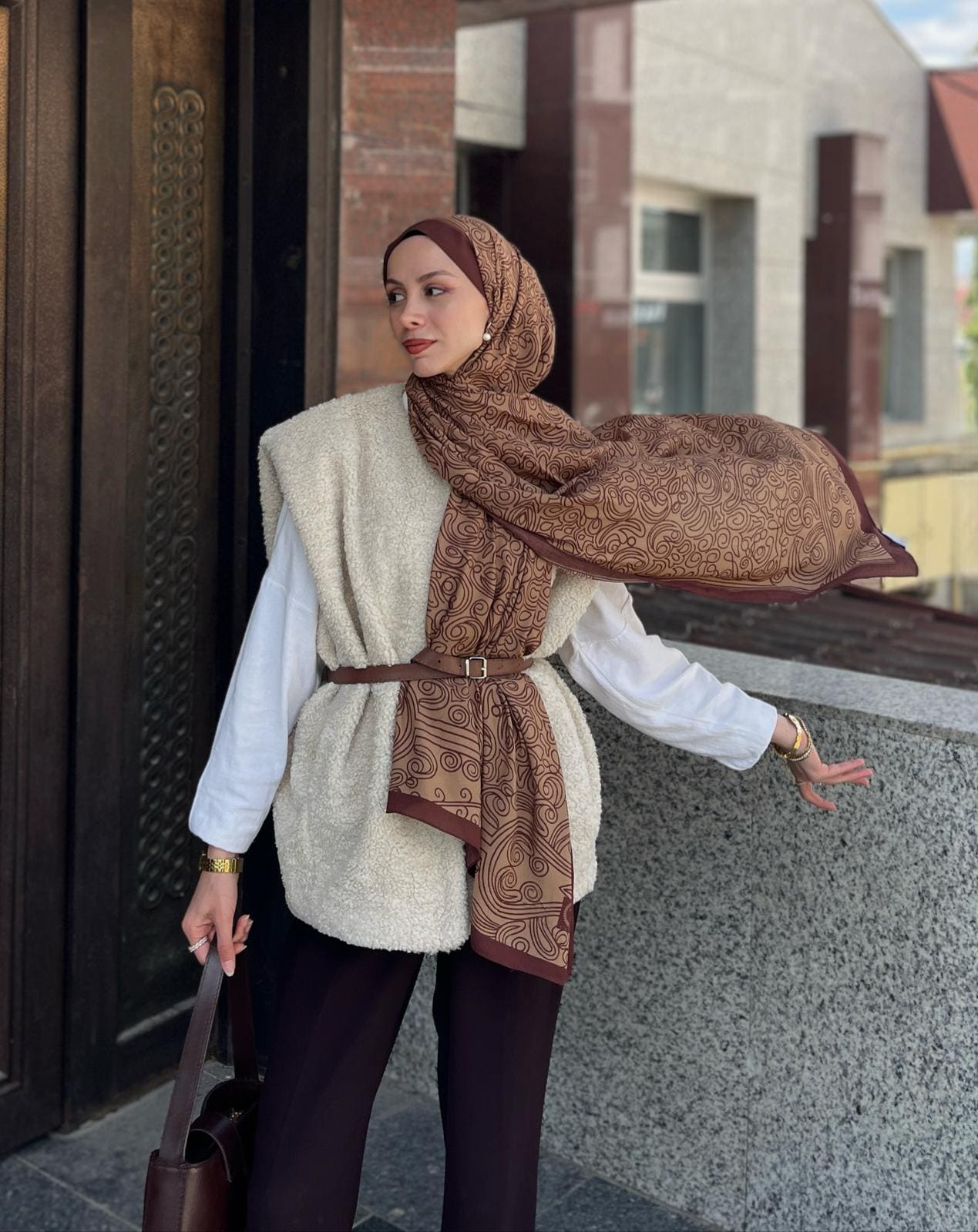 Touch İthal Etnik Desen Pamuk İpek Şal 63459- Kahve Latte