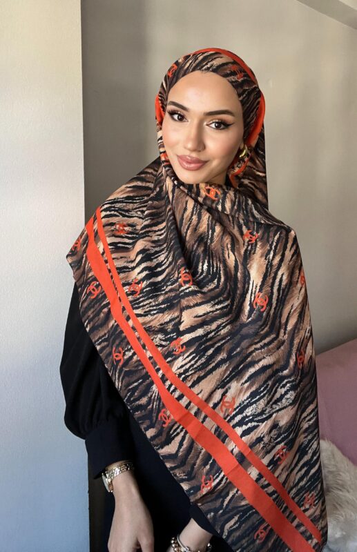 Chanel Çizgili Leopar Pamuk Soft Şal 54120 – Turuncu