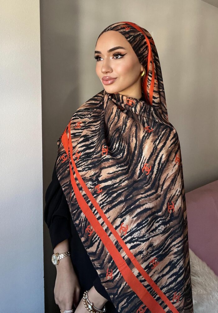 Chanel Çizgili Leopar Pamuk Soft Şal 54120 - Turuncu - Görsel 2